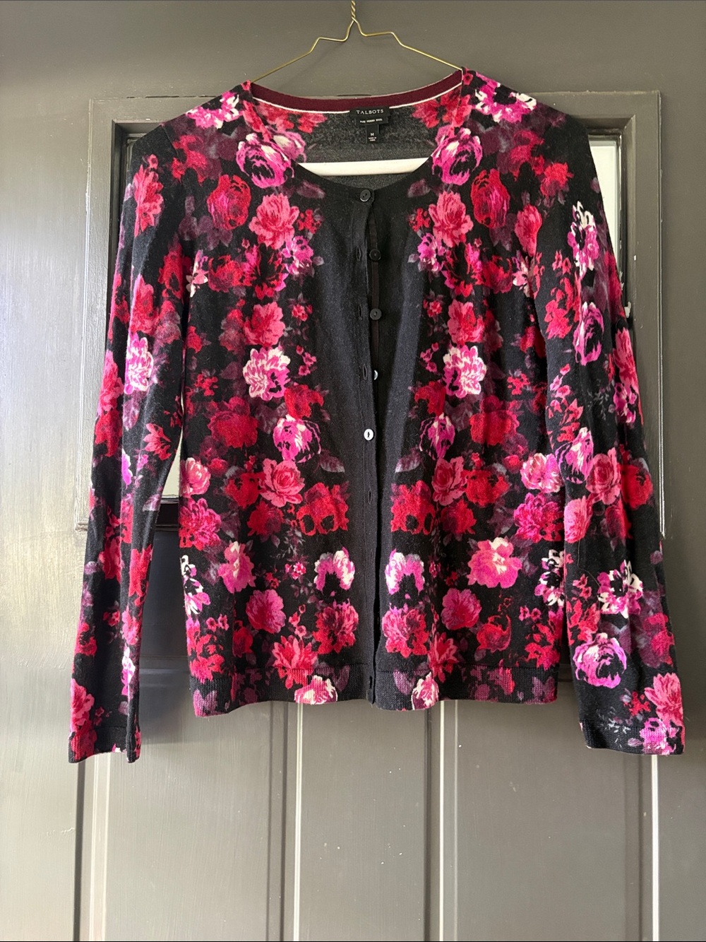 Talbots Black Cardigan with Pink & Red Floral Print